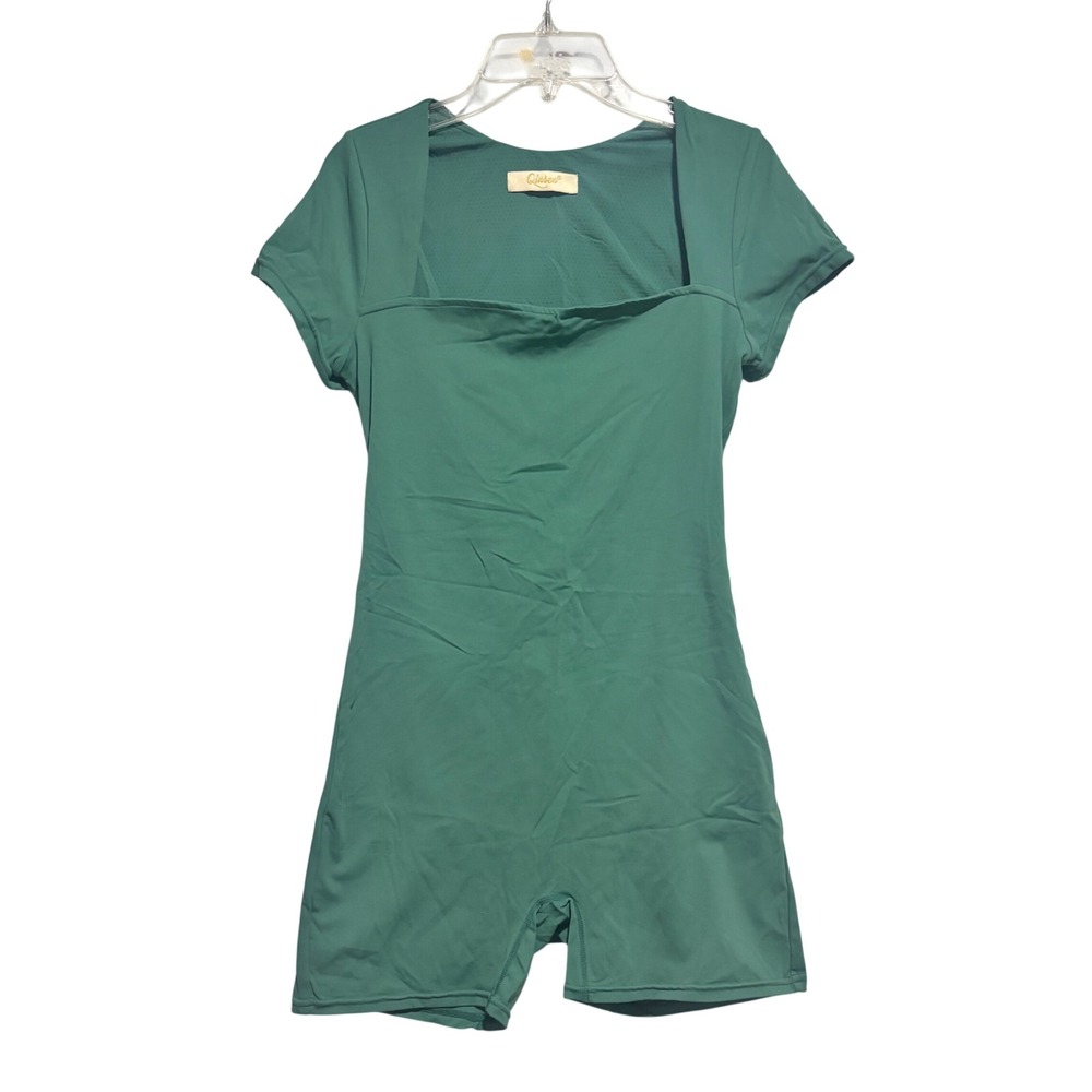 Qinsen‎ Green Unitard Romper Short Jumpsuit Square Neck Yoga Bodysuit Large